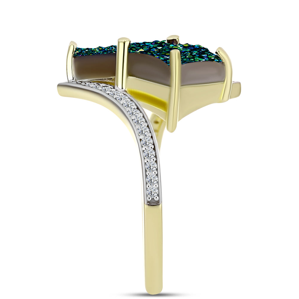 Anel de Prata com Banho de Ouro com Drusy Verde e Topázio Branco Contraste: Cabeca de Veado (800)