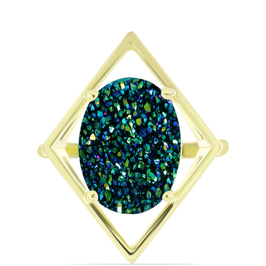 Anel de Prata com Banho de Ouro com Drusy Verde Contraste: Cabeca de Veado (800)