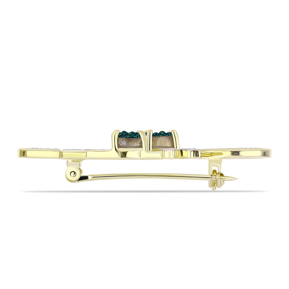 Alfinete de Prata com Banho de Ouro com Drusy Verde e Topázio Branco Contraste: Cabeca de Veado (800)