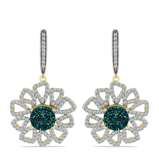 Brincos de Prata com Banho de Ouro com Drusy Verde e Topázio Branco Contraste: Cabeca de Veado (800)