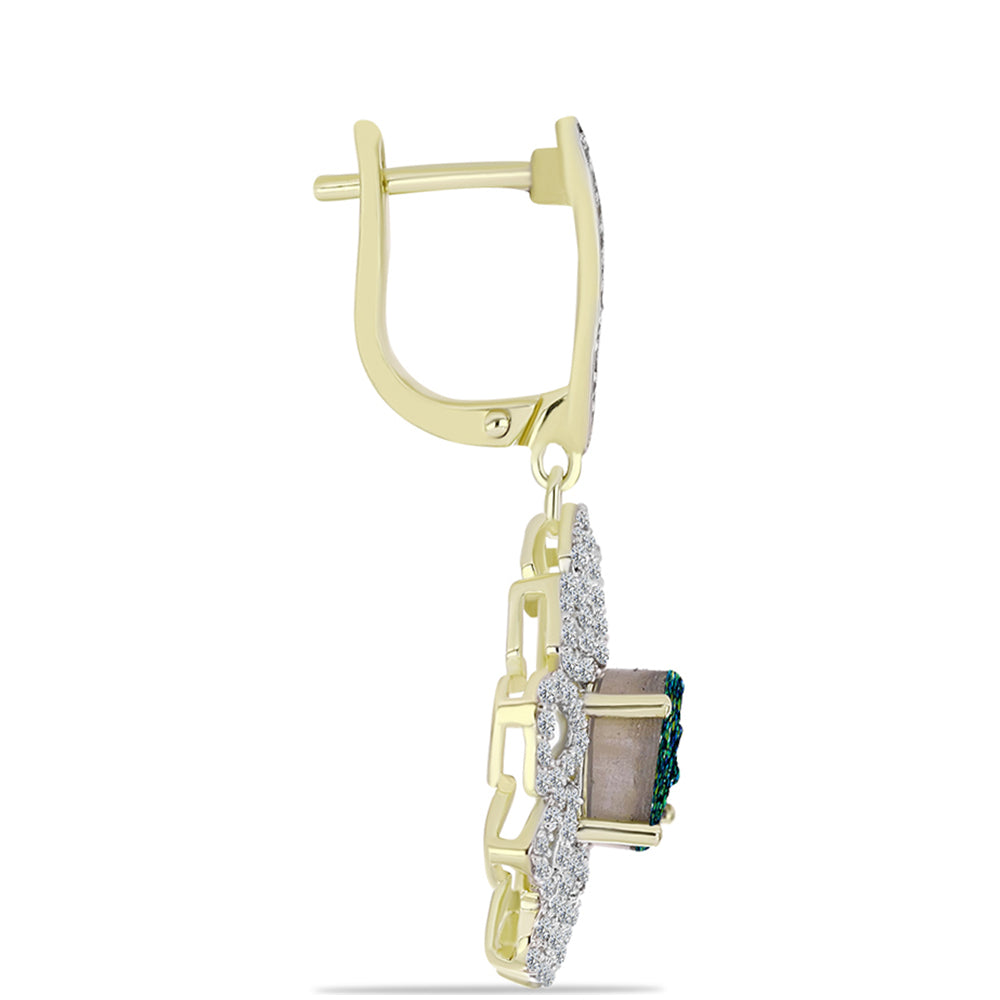 Brincos de Prata com Banho de Ouro com Drusy Verde e Topázio Branco Contraste: Cabeca de Veado (800)