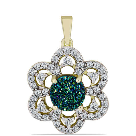 Pendente de Prata com Banho de Ouro com Drusy Verde e Topázio Branco