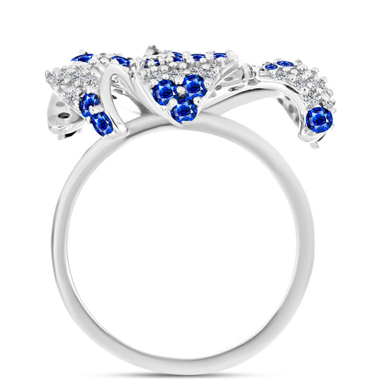 Anel de Prata com Safira Azul Australiana e Topázio Branco Contraste: Cabeca de Veado (800)