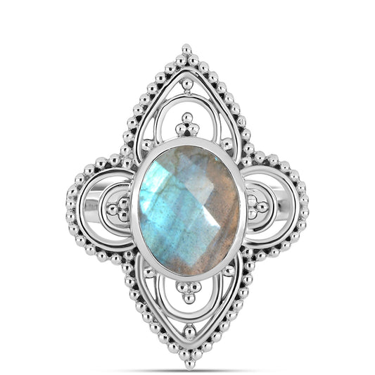 Anel de Prata com Labradorite Contraste: Cabeca de Veado (800)
