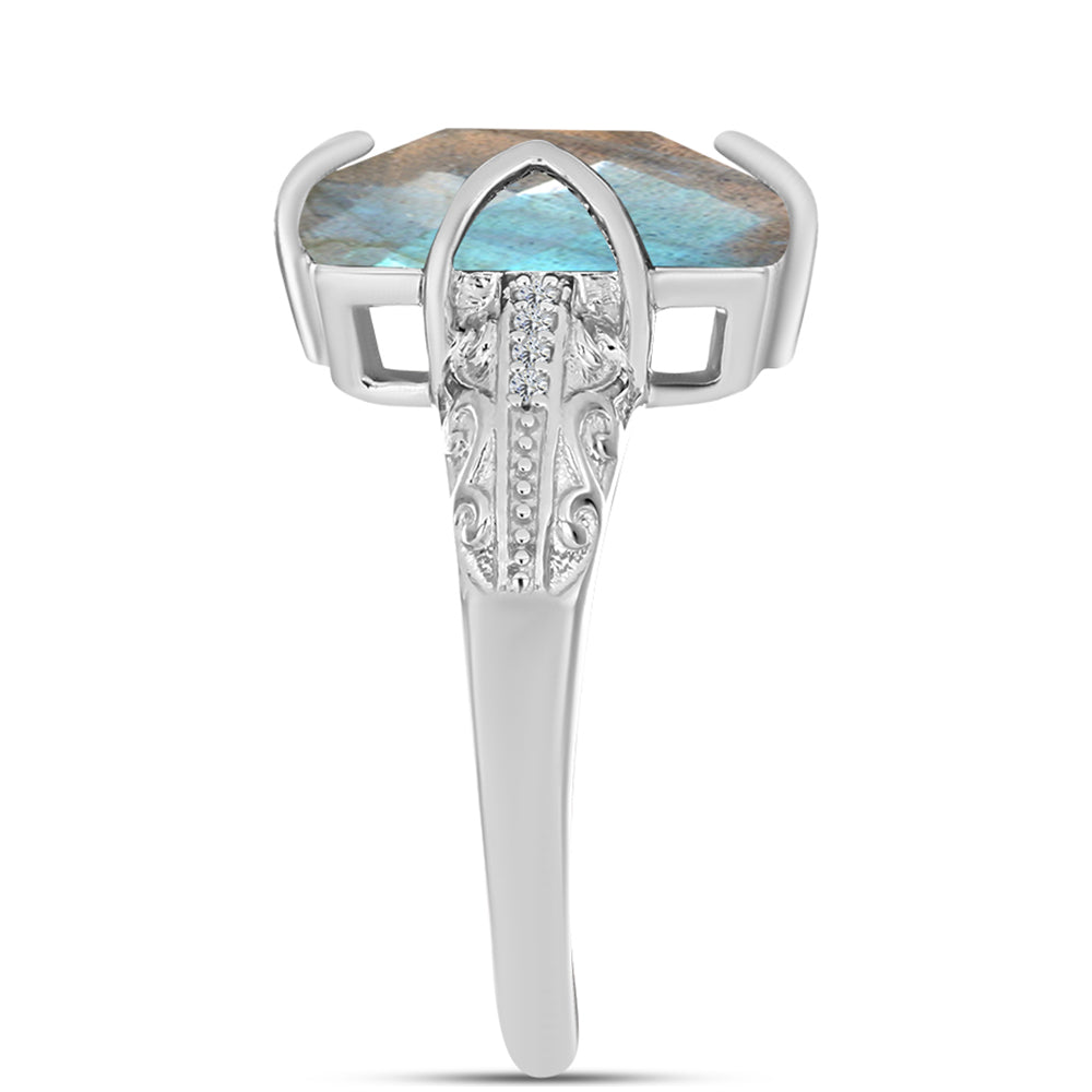 Anel de Prata com Labradorite e Topázio Branco Contraste: Cabeca de Veado (800)