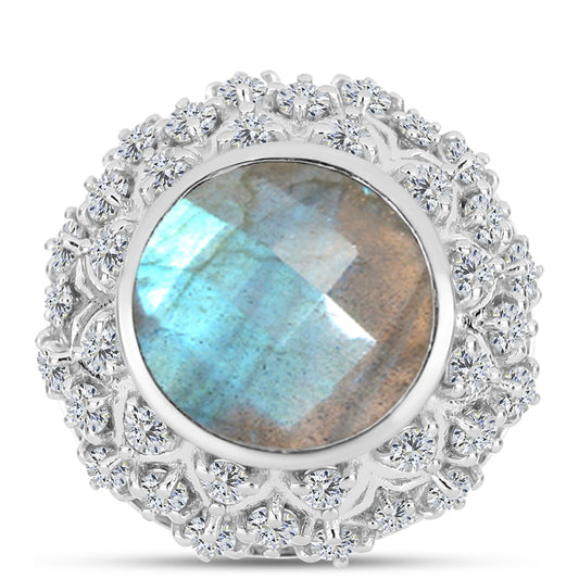 Anel de Prata com Labradorite e Topázio Branco Contraste: Cabeca de Veado (800)