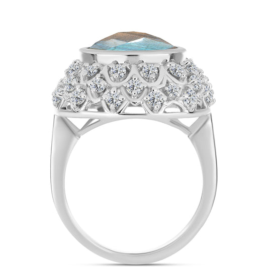 Anel de Prata com Labradorite e Topázio Branco Contraste: Cabeca de Veado (800)