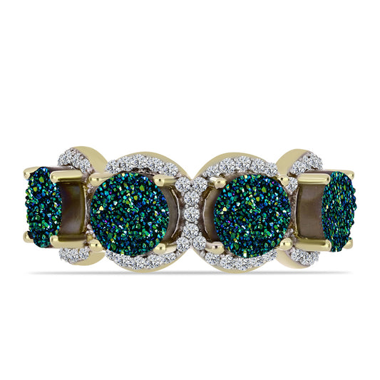 Anel de Prata com Banho de Ouro com Drusy Verde e Topázio Branco Contraste: Cabeca de Veado (800)