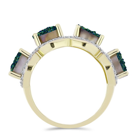 Anel de Prata com Banho de Ouro com Drusy Verde e Topázio Branco Contraste: Cabeca de Veado (800)