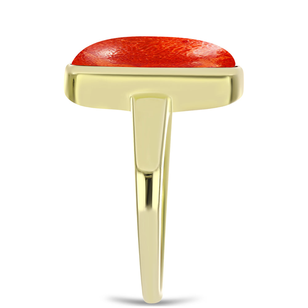 Anel de Prata com Banho de Ouro com Coral Esponja Vermelha Contraste: Cabeca de Veado (800)