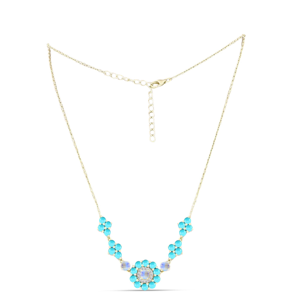 Colar de Prata com Banho de Ouro com Turquesa Bela Adormecida e Pedra da Lua Arco-íris Contraste: Cabeca de Veado (800)