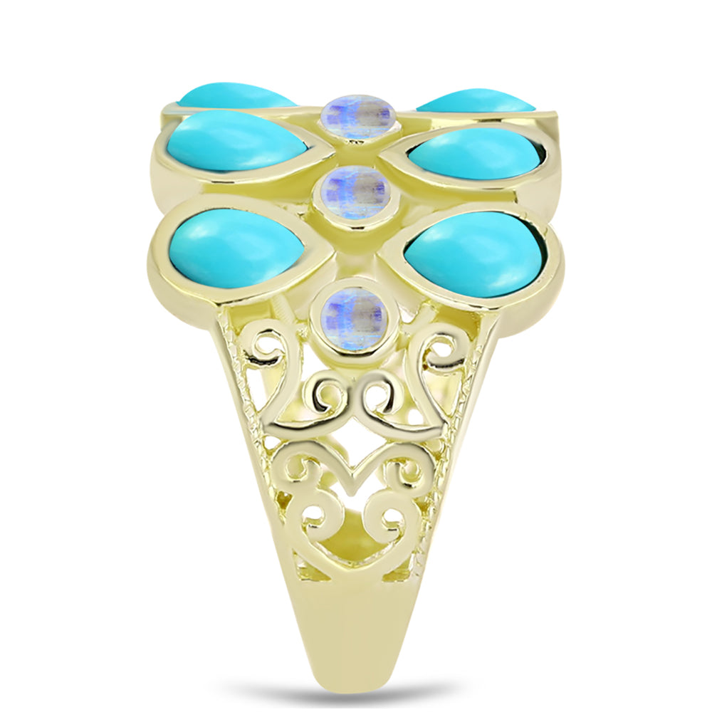 Anel de Prata com Banho de Ouro com Turquesa Bela Adormecida e Pedra da Lua Arco-íris Contraste: Cabeca de Veado (800)