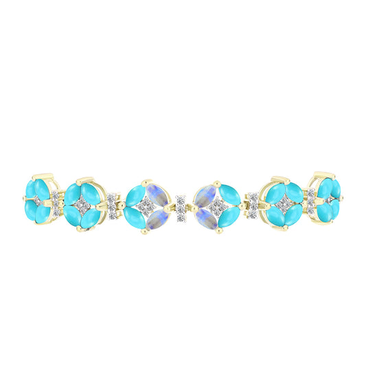 Pulseira de Prata com Banho de Ouro com Turquesa Bela Adormecida e Pedra da Lua Arco-íris Contraste: Cabeca de Veado (800)