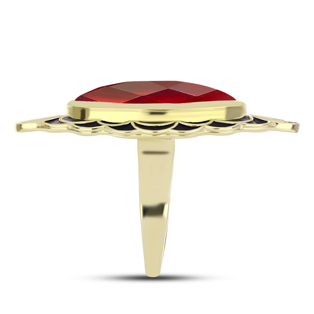 Anel de Prata com Banho de Ouro com Ágata Vermelha Contraste: Cabeca de Veado (800)