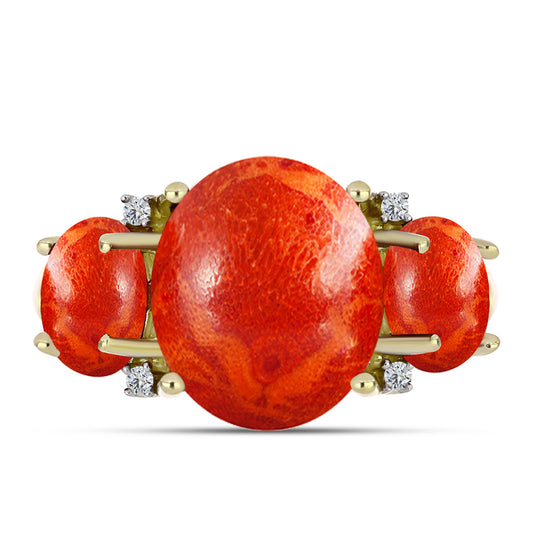 Anel de Prata com Banho de Ouro com Coral Esponja Vermelha e Topázio Branco Contraste: Cabeca de Veado (800)