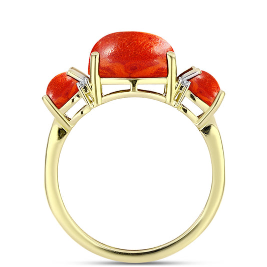 Anel de Prata com Banho de Ouro com Coral Esponja Vermelha e Topázio Branco Contraste: Cabeca de Veado (800)