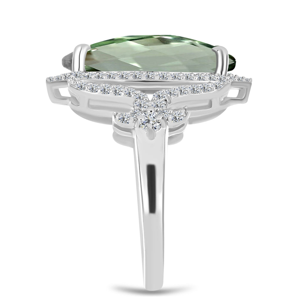 Anel de Prata com Ametista Verde e Topázio Branco Contraste: Cabeca de Veado (800)