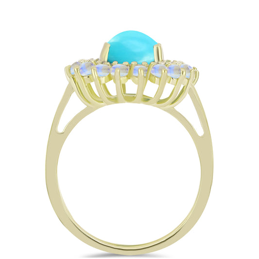 Anel de Prata com Banho de Ouro com Turquesa Bela Adormecida e Pedra da Lua Arco-íris Contraste: Cabeca de Veado (800)