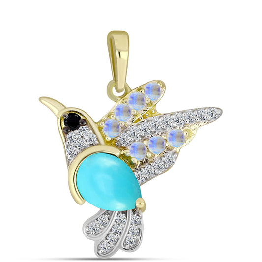 Pendente de Prata com Banho de Ouro com Turquesa Bela Adormecida e Pedra da Lua Arco-íris