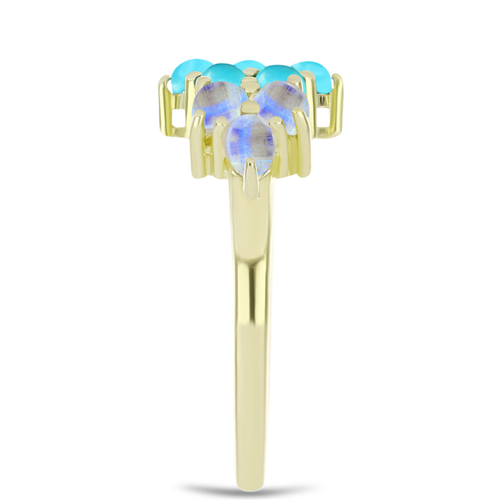Anel de Prata com Banho de Ouro com Turquesa Bela Adormecida e Pedra da Lua Arco-íris Contraste: Cabeca de Veado (800)