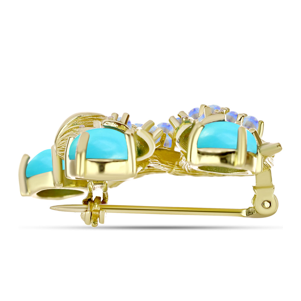 Alfinete de Prata com Banho de Ouro com Turquesa Bela Adormecida e Pedra da Lua Arco-íris Contraste: Cabeca de Veado (800)