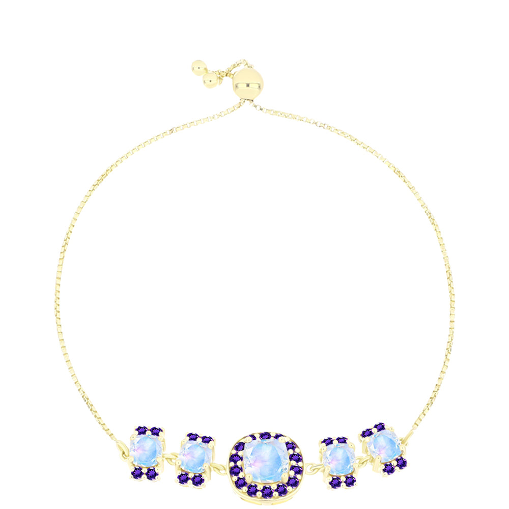 Pulseira de Prata com Banho de Ouro com Pedra da Lua Arco-íris e Ametista de Marrocos Contraste: Cabeca de Veado (800)