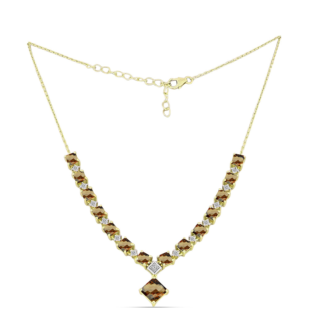 Colar de Prata com Banho de Ouro com Quartzo Cognac e Topázio Branco Contraste: Cabeca de Veado (800)