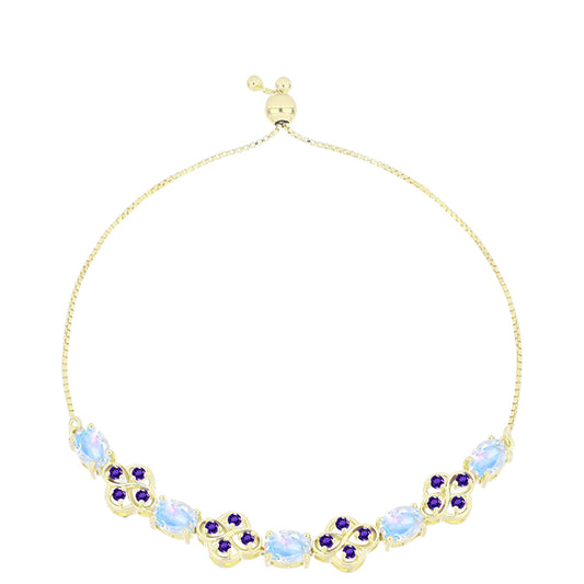 Pulseira de Prata com Banho de Ouro com Pedra da Lua Arco-íris e Ametista de Marrocos Contraste: Cabeca de Veado (800)