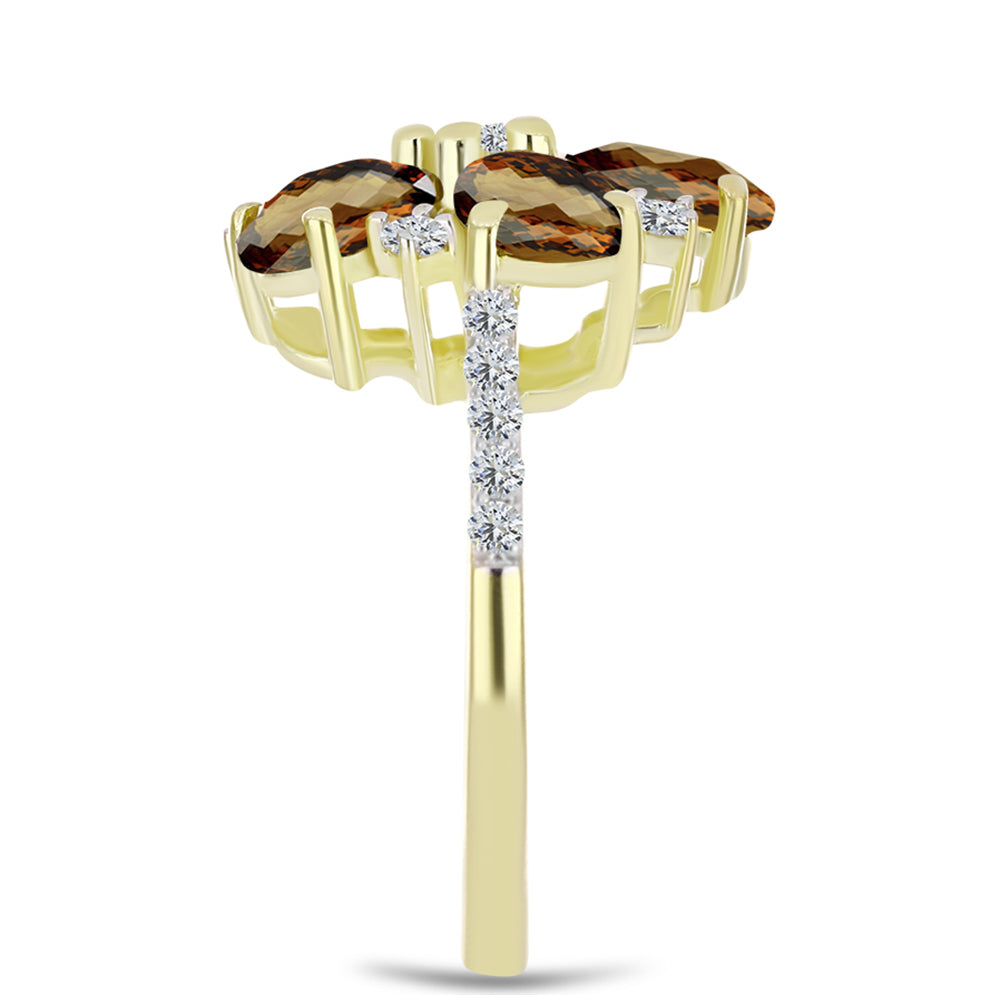 Anel de Prata com Banho de Ouro com Quartzo Cognac e Topázio Branco Contraste: Cabeca de Veado (800)