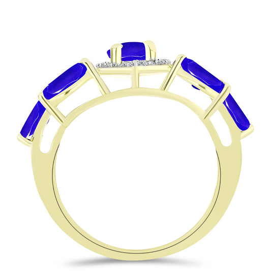 Anel de Prata com Banho de Ouro com Ágata Azul e Topázio Branco Contraste: Cabeca de Veado (800)