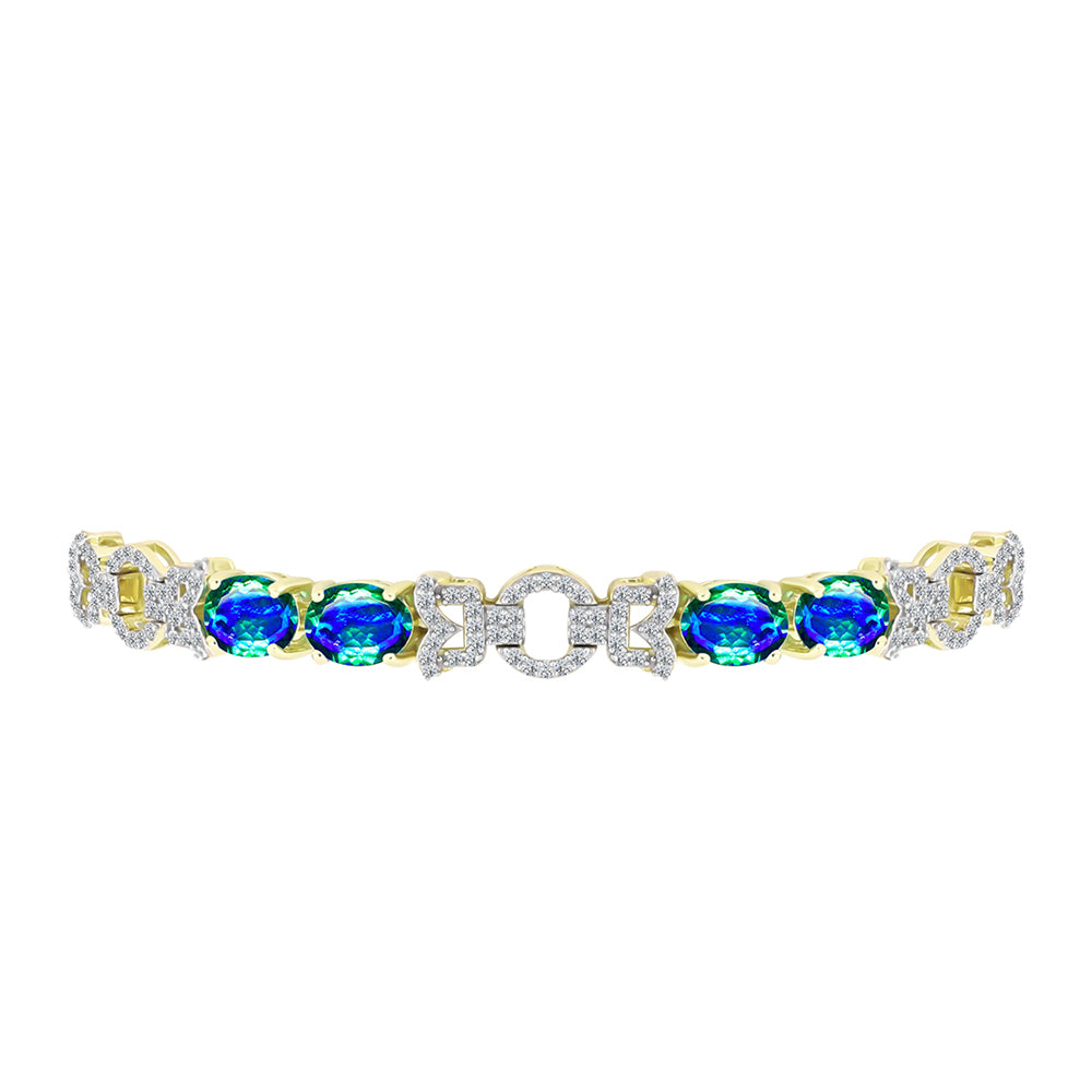 Pulseira de Prata com Banho de Ouro com Quartzo Pavão e Topázio Branco Contraste: Cabeca de Veado (800)