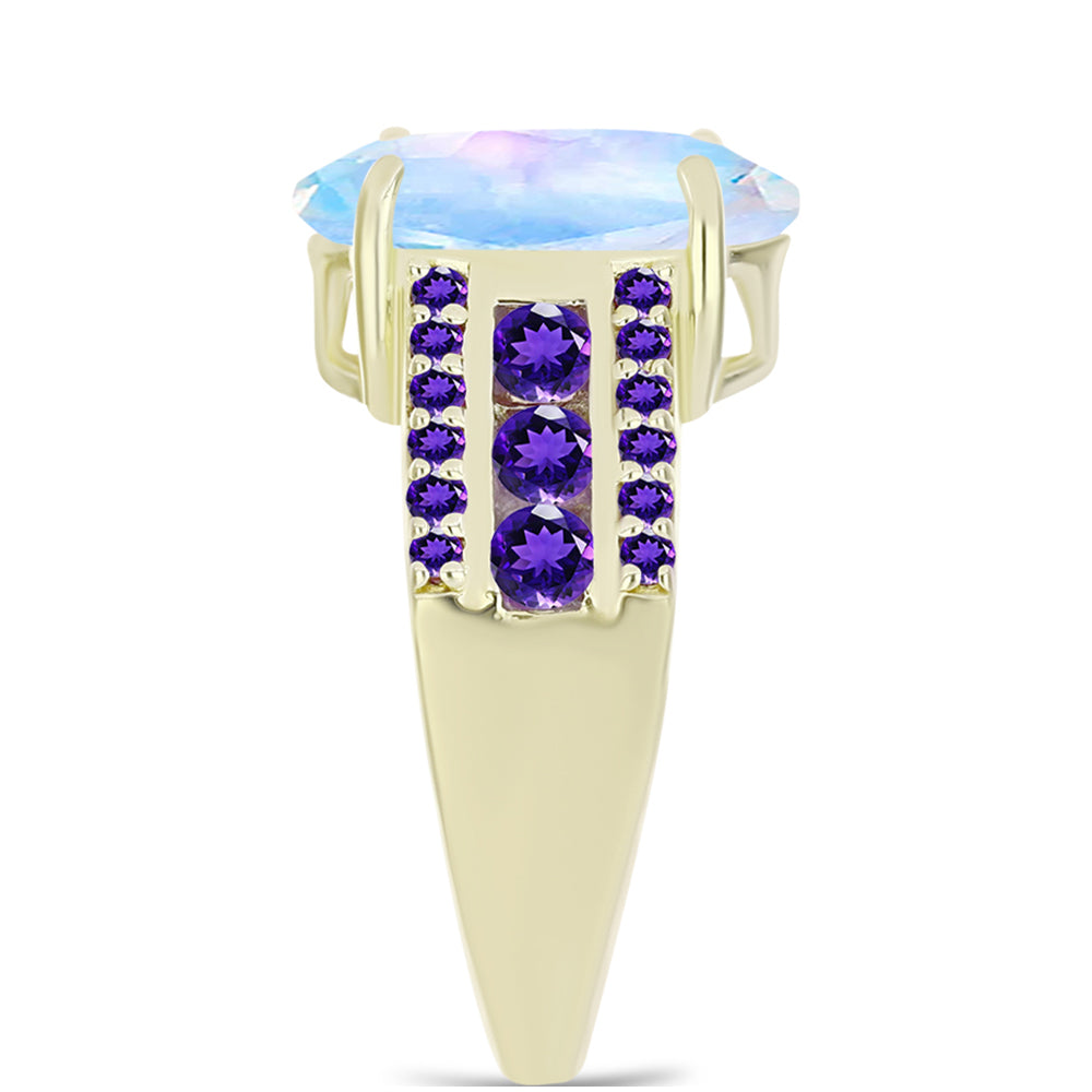 Anel de Prata com Banho de Ouro com Pedra da Lua Arco-íris e Ametista de Marrocos Contraste: Cabeca de Veado (800)