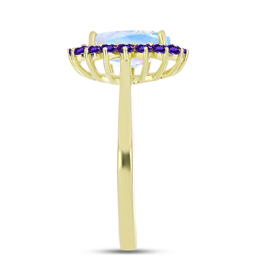 Anel de Prata com Banho de Ouro com Pedra da Lua Arco-íris e Ametista de Marrocos