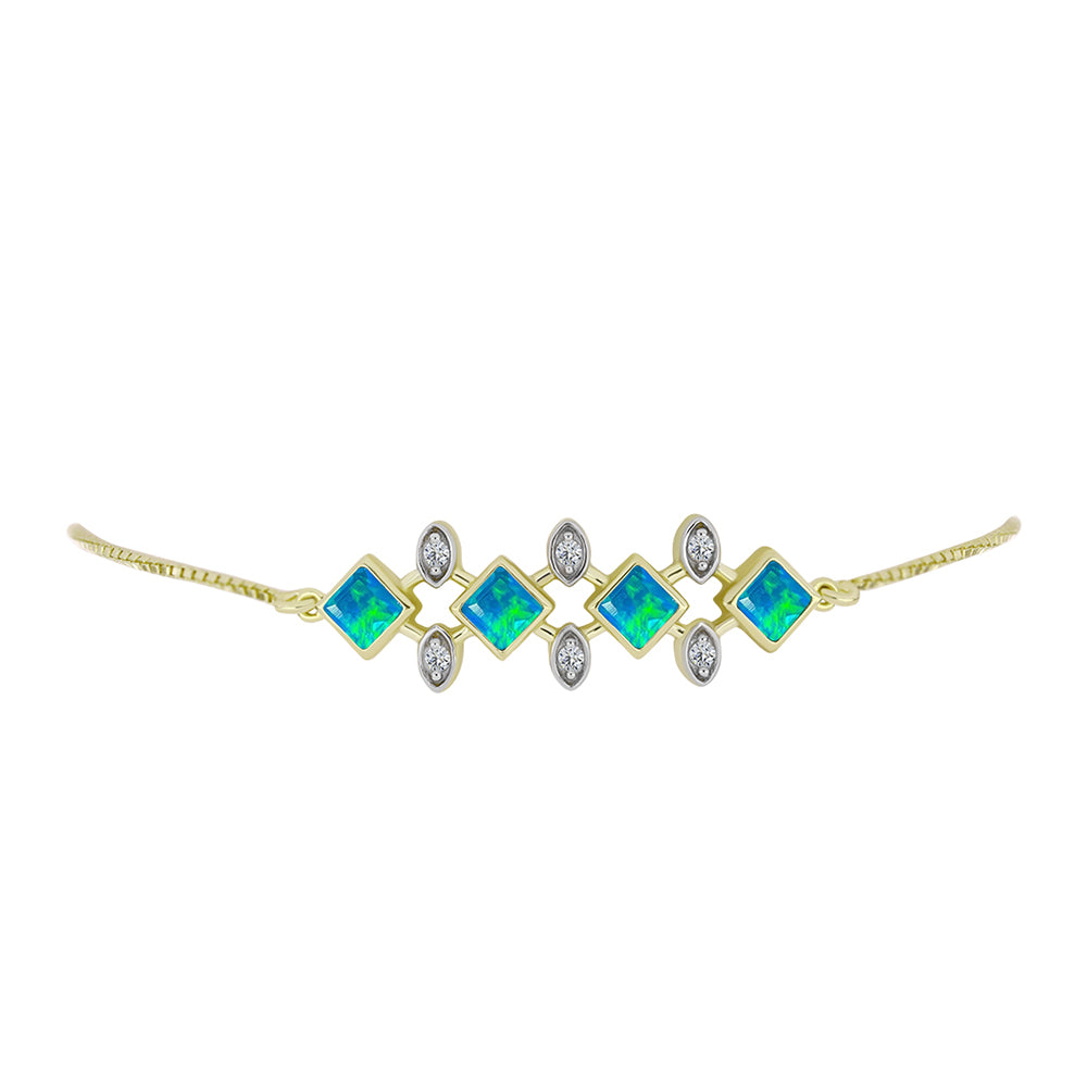 Pulseira de Prata com Banho de Ouro com Opala Azul Paraib da Etiópia e Topázio Branco Contraste: Cabeca de Veado (800)