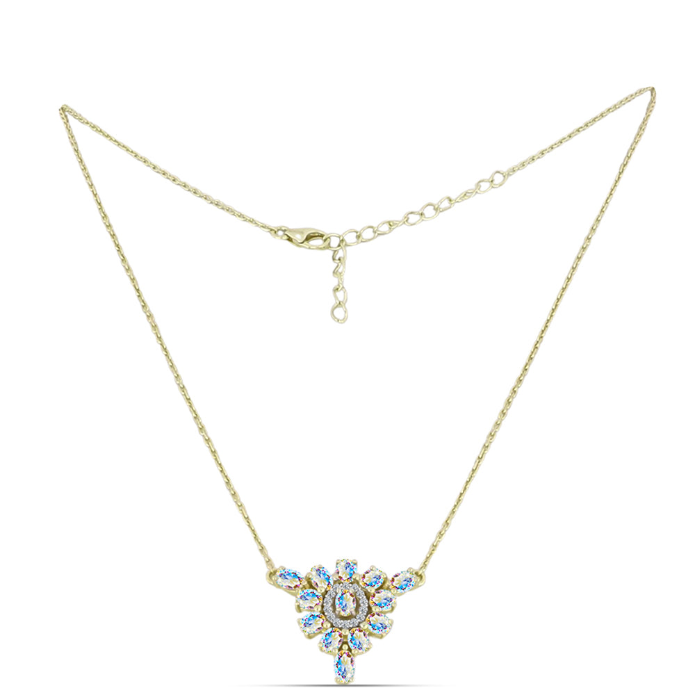 Colar de Prata com Banho de Ouro com Moissanite efeito gelo e Topázio Branco Contraste: Cabeca de Veado (800)