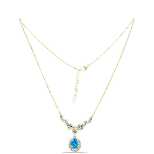 Colar de Prata com Banho de Ouro com Opala Azul Paraib da Etiópia e Topázio Branco Contraste: Cabeca de Veado (800)