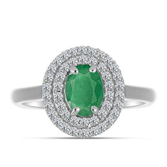Anel de Prata com Esmeralda do Brasil e Topázio Branco Contraste: Cabeca de Veado (800)