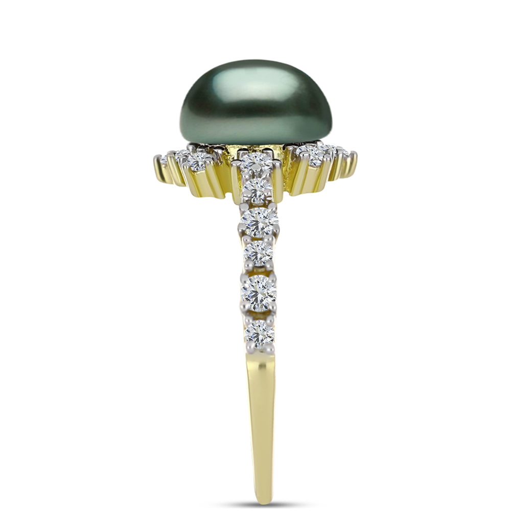 Anel de Prata com Banho de Ouro com Pérola de água doce com tonalidade verde estilo Taiti e Topázio Branco