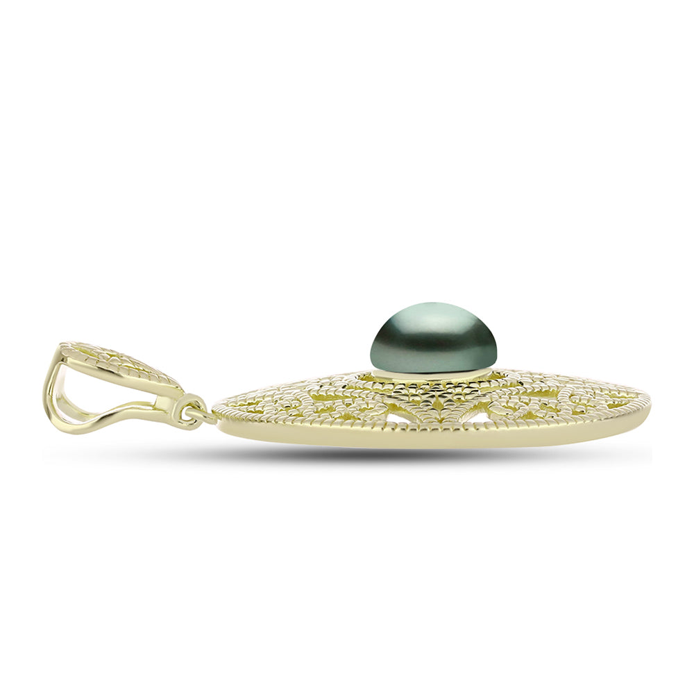 Pendente de Prata com Banho de Ouro com Pérola de água doce com tonalidade verde estilo Taiti Contraste: Cabeca de Veado (800)