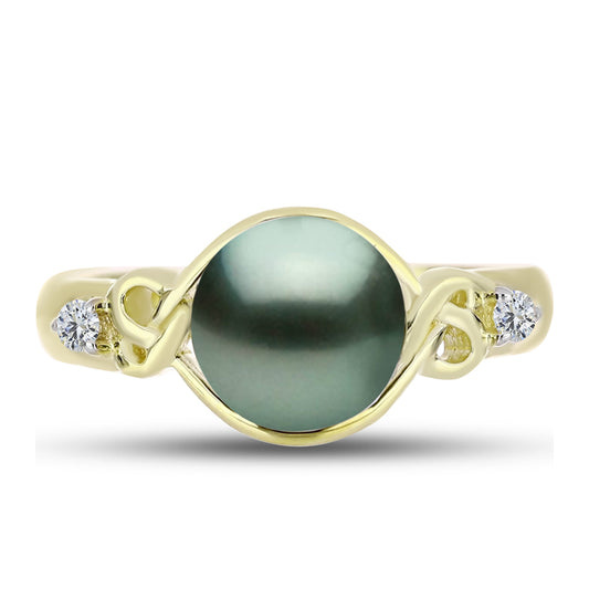 Anel de Prata com Banho de Ouro com Pérola de água doce com tonalidade verde estilo Taiti e Topázio Branco