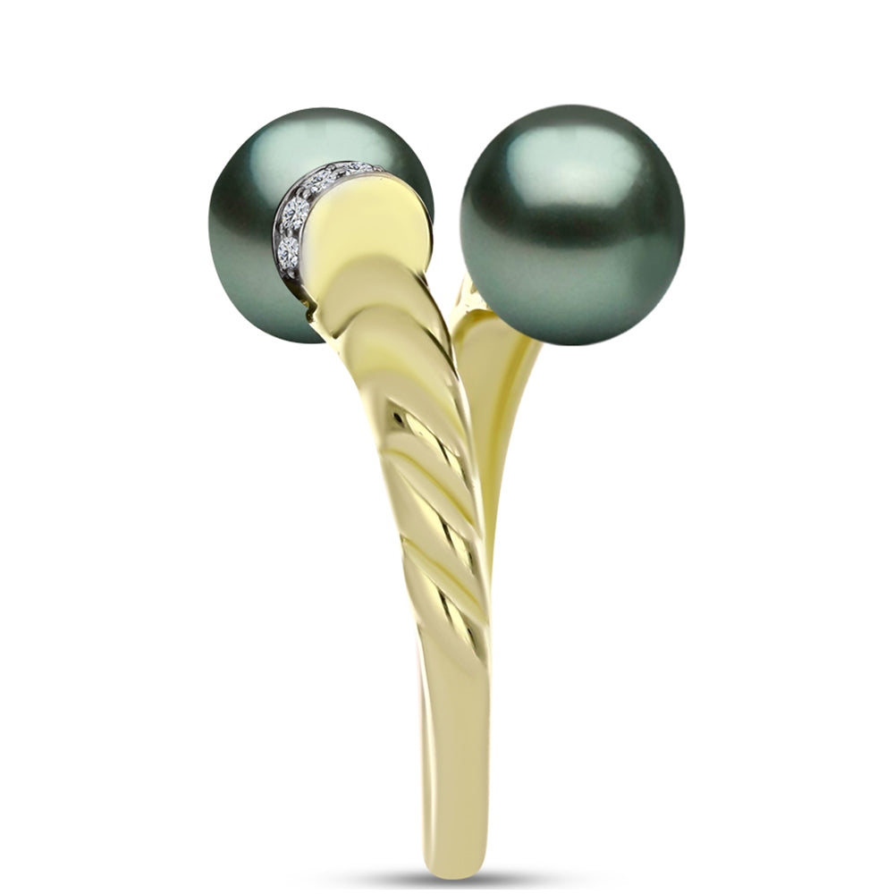 Anel de Prata com Banho de Ouro com Pérola de água doce com tonalidade verde estilo Taiti e Topázio Branco Contraste: Cabeca de Veado (800)