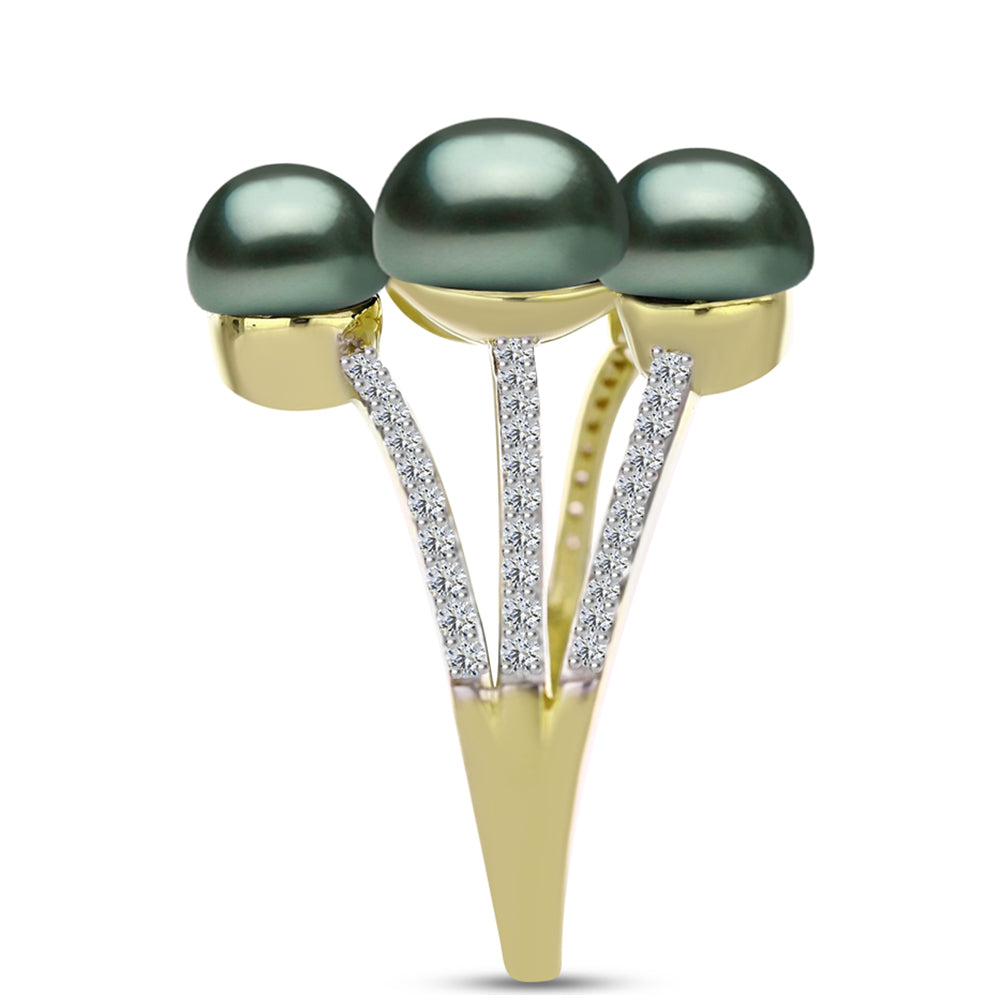 Anel de Prata com Banho de Ouro com Pérola de água doce com tonalidade verde estilo Taiti e Topázio Branco Contraste: Cabeca de Veado (800)