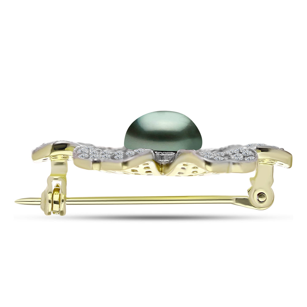 Alfinete de Prata com Banho de Ouro com Pérola de água doce com tonalidade verde estilo Taiti e Topázio Branco Contraste: Cabeca de Veado (800)