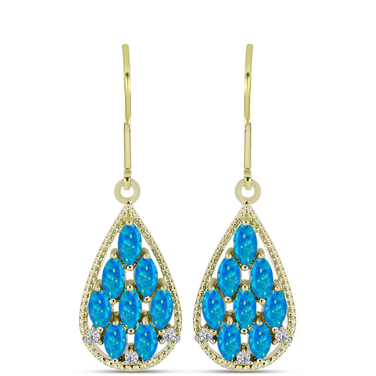 Brincos de Prata com Banho de Ouro com Opala Azul Paraib da Etiópia e Topázio Branco
