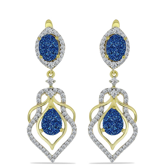 Brincos de Prata com Banho de Ouro com Drusy Azul e Topázio Branco Contraste: Cabeca de Veado (800)