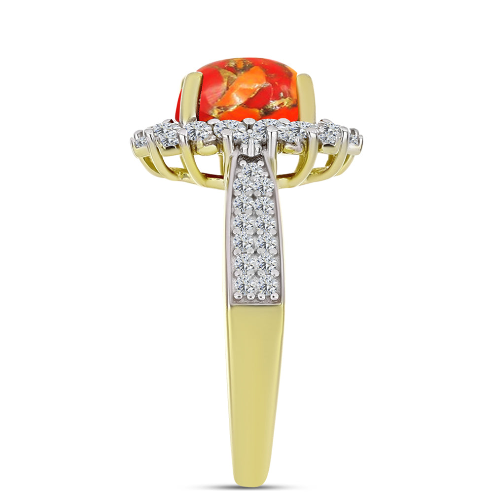 Anel de Prata com Banho de Ouro com Turquesa de Mohave e Topázio Branco Contraste: Cabeca de Veado (800)