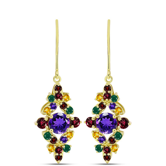 Brincos de Prata com Banho de Ouro com Ametista de Marrocos e Granada Rhodolite das Minas Moatize