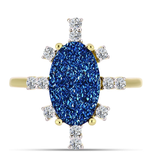 Anel de Prata com Banho de Ouro com Drusy Azul e Topázio Branco Contraste: Cabeca de Veado (800)