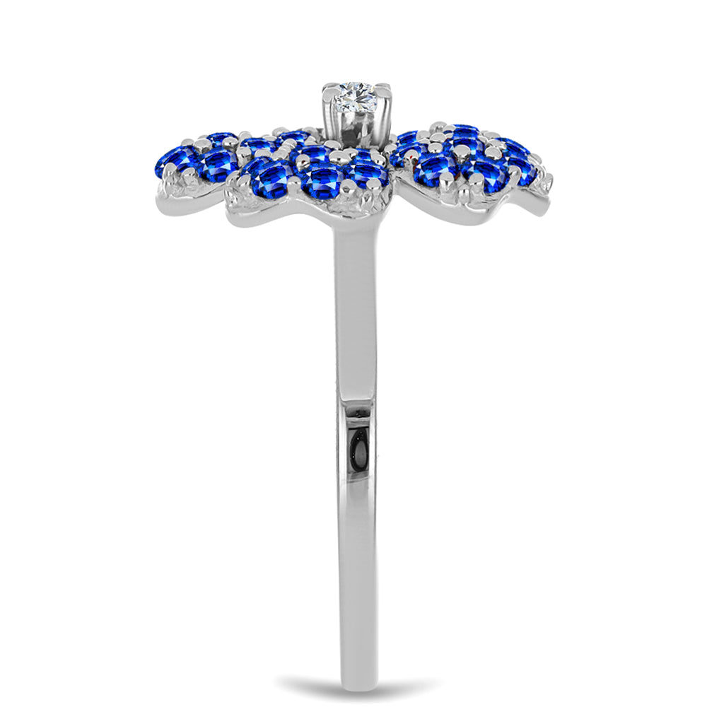 Anel de Prata com Safira Azul Australiana e Topázio Branco Contraste: Cabeca de Veado (800)