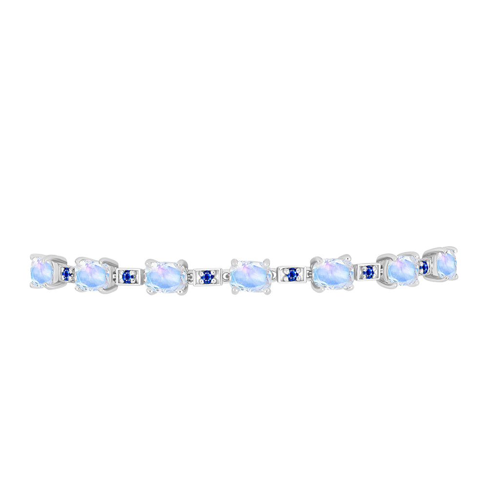 Pulseira de Prata com Safira Azul Australiana e Pedra da Lua Arco-íris Contraste: Cabeca de Veado (800)